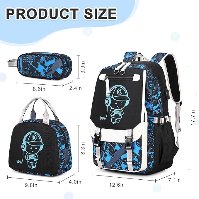 Bevalsa Backpack for Boys, Cool Luminous Backpacks with Lunch Box & Pen Case, School Bags for Kids, Bookbag for Children Teens for Elementary Middle School Student with USB Charging Port (Music)
