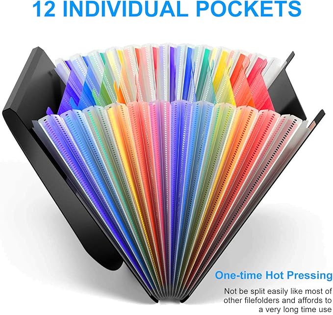4 Pack Expanding File Folder with Blank Label, 12 Pocket Accordian File Organizer Document Storage Organizer, Desktop Accordion Folders File Keeper A4 Letter Size for Home School Office