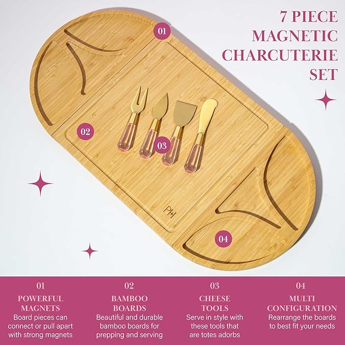 Paris Hilton Charcuterie Board and Serving Set, Customizable and Magnetic Bamboo Board with Cheese Utensils, 7-Piece Set, Pink