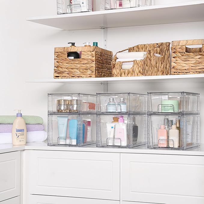 Vtopmart 6 Pack Clear Stackable Storage Drawers,Easy to Assemble Bathroom Organizers and Storage with handles,Plastic Drawers for Kitchen Pantry,Cabinet,Under Sink Organization