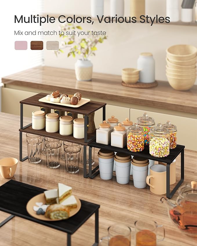 SONGMICS Cabinet Organizer Shelf, Set of 2 Kitchen Counter Shelves, Kitchen Storage, Spice Rack, Stackable, Expandable, Metal and Engineered Wood, Natural Walnut and Matte Black UKCS025K01