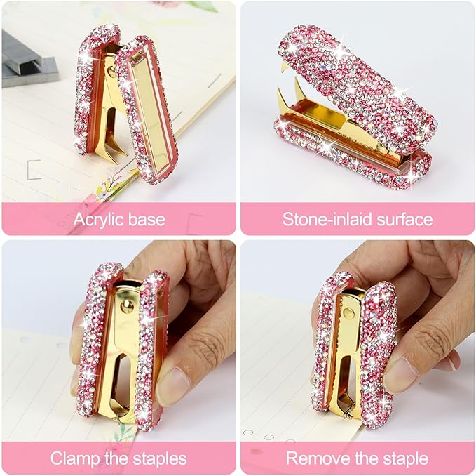 Multibey Arylic Staples Remover, Rhinestone Handmade Crystal Staple Removal Tool Staple Puller Metal Jaws Stationery, Dazzling Bling Office Desk Accessory for Office School and Home (Pink)