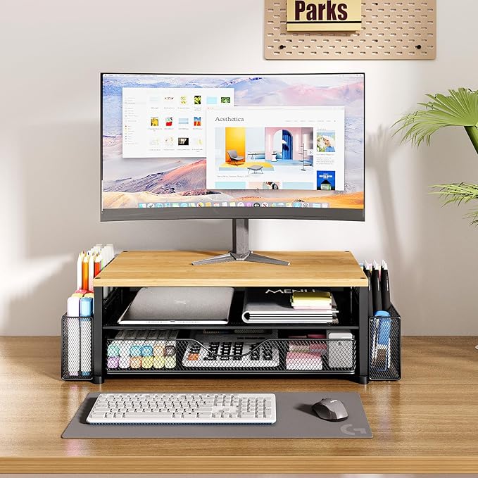 OPNICE Desk Organizers and Accessories, 2-Tier Computer Monitor Stand with Drawer and 2 Pen Holders, Laptop Stand, Office Desk Accessories for Office Supplies, Oak