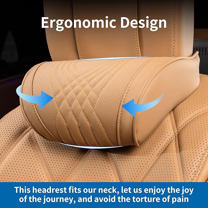 Car Headrest Memory Foam Neck Pillow for Driving with Leather Cover Soft Comfortable Seat Head Pillow Cushion for Most Cars SUV Sedan Home Office Palomino Brown (1PC)