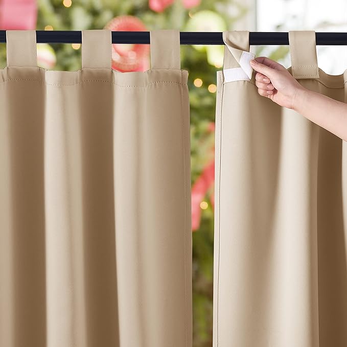 NICETOWN 2 Panels Outdoor Curtains for Patio Waterproof 84" Long, Detachable Sticky Tab Top Thermal Insulated Privacy Sun Blocking & UV Protection Drapes for Porch/Pergola, Biscotti Beige, W52 x L84