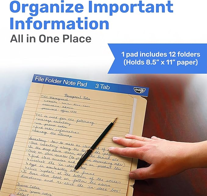 Find It File Folder Notepad - Pack of 12-9.5 x 12.5 Inch Notebook Organizer Folders for Filing, Document, and Clipboard Organization - Manila