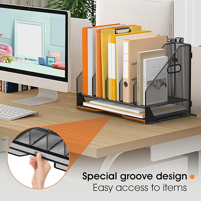 Desk File Folder Holder Organizer-5 Vertical Compartments Racks and Paper Letter Tray,Mesh Magazine File Holder Sorter,Desktop Accessories & Workspace Organizers for Home,Office,School-Black