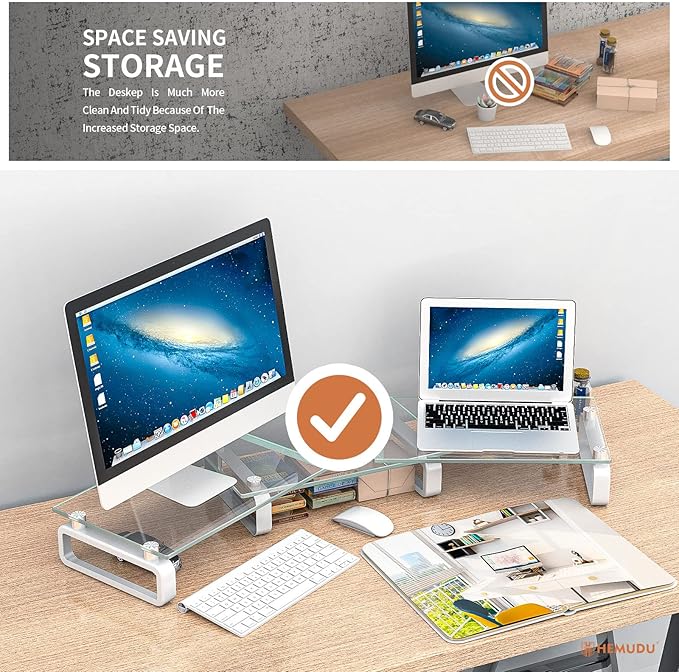 Hemudu Dual Monitor Stand, Computer Monitor Stand, Desktop Organizer, Monitor Stand Riser for PC, Computer, Laptop Clear HD02T-301