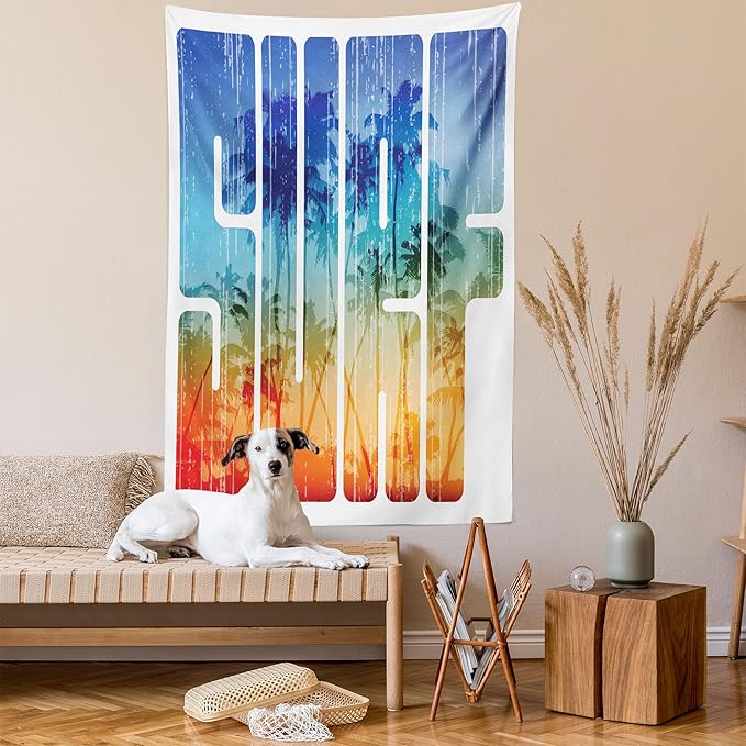 Ambesonne Surf Tapestry Queen Size, Summer Theme Retro Letters That Reflect the Seacoast Palm Tree Extreme Sports Art, Wall Hanging Bedspread Bed Cover Wall Decor, 88" X 88", Navy Orange