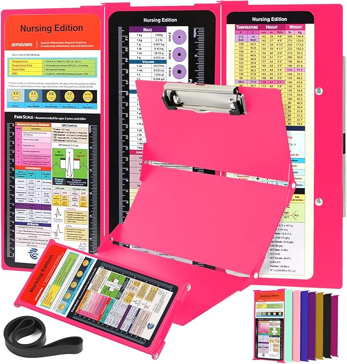 Nursing Clipboard Foldable with Medical Edition Cheat Sheets, 3 Layers Aluminum Foldable Clipboard for Nursing, Notepad for Students, Nursing School Essentials (Pink)