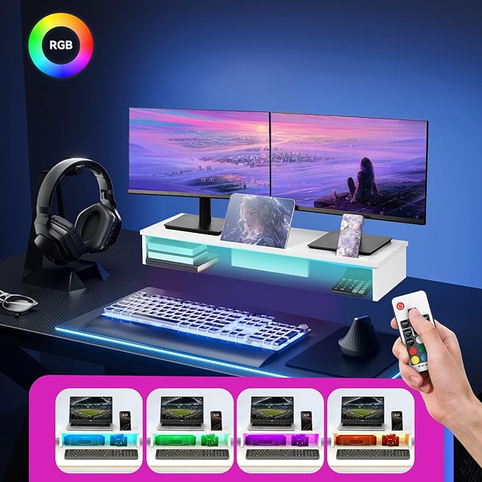 TV Riser Stand with LED Lights, 42.5in Super Large Monitor Stand with Phone Tablet Holder, Tabletop TV Stand Riser for Desk, Desktop Organizer for Computer, TV, Laptop, Printer