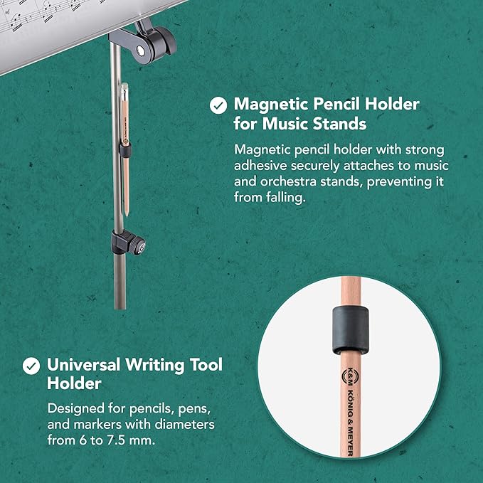 K&M Konig & Meyer - Magnetic Pencil/Pen Holder with Natural Colored Pencil - Magnetic Holder with Strong Adhesive Great for Music and Orchestra Stands - 0.01kg