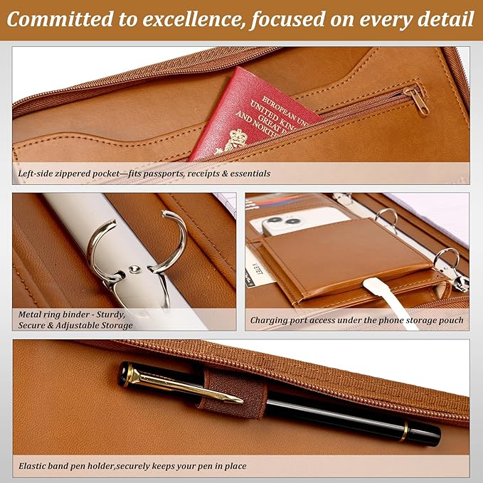 Leathario Portfolio Binder, Includes 10 Sheet Protectors and 3 Notepads, 3-Ring Folder Organizer, A4 Padfolio with Zipper, Vegan Leather Tablet Sleeve, Business Office Conference Clipboards
