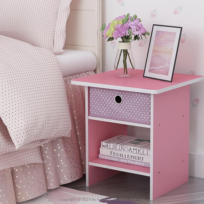 Furinno Dario End Table / Side Table / Night Stand / Bedside Table with Bin Drawer, 1-Pack, Pink/Light Pink