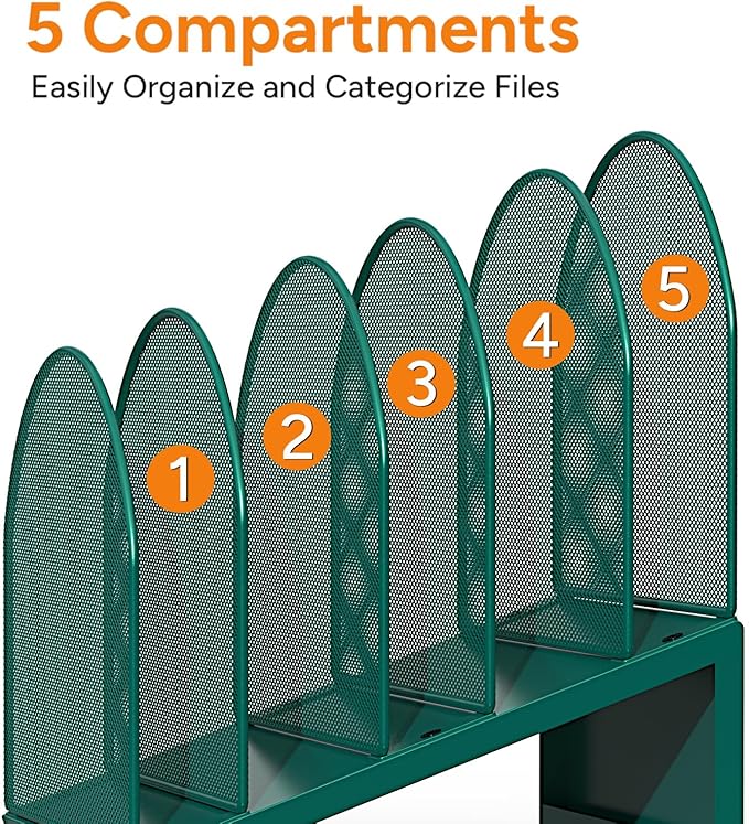 5-Section Desk File Organizer, Metal Mesh Folder Organizer for Documents, Mail & Office Papers (Green)