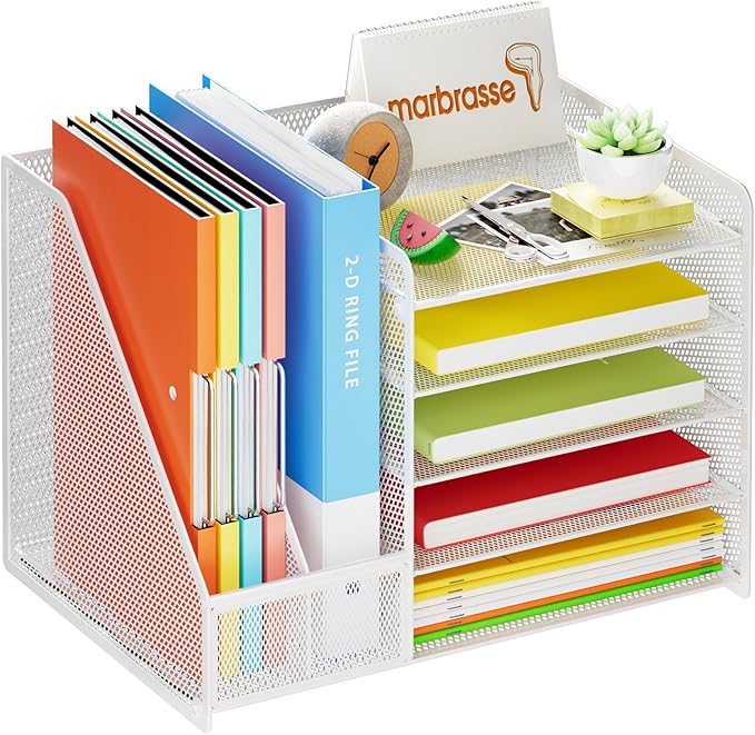 Marbrasse Desk Organizer with File Holder, 5-Tier Paper Letter Tray, Mesh Desk Organizers and Accessories with Magazine Holder, Desktop Organizer and Storage for Office Supplies (White)