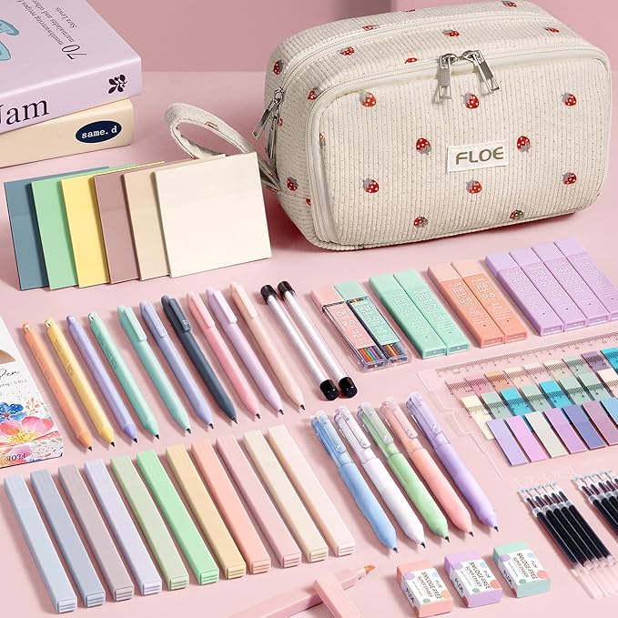 62PCS Aesthetic School Supplies, Cute Back to School Supplies College Essentials Preppy Stationary Set with Large Pencil Pouch Case, Pastel Highlighters Gel Pens Mechanical Pencils for Student Girls