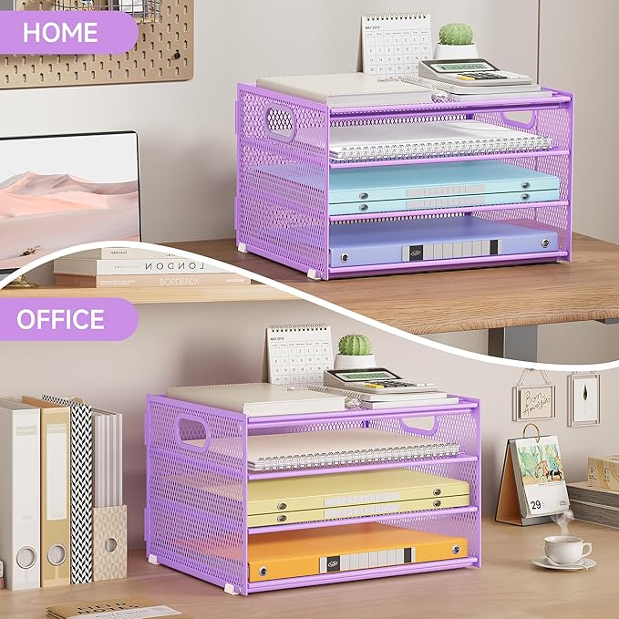 Subekyu Paper Letter Tray Organizer for Desk, Purple Metal Mesh Desk File Sorter Organizer with Handle and 2 Sliding Trays for Home Office School Supplies Organization