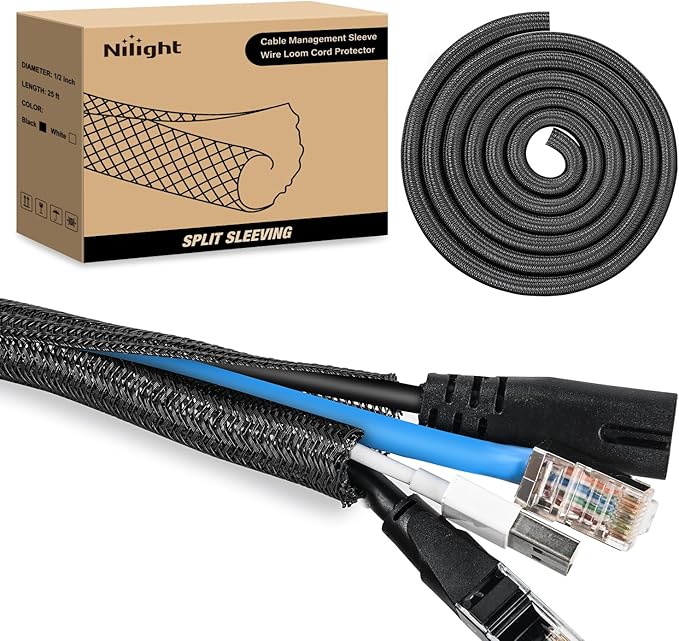 Nilight Cable Sleeve, 25ft-1/2inch Cord Management Sleeves, Braided Sleeving, Split Self Wrapping Wire Loom for Computer Electrical Automotive Harness Protector Organizer, Black
