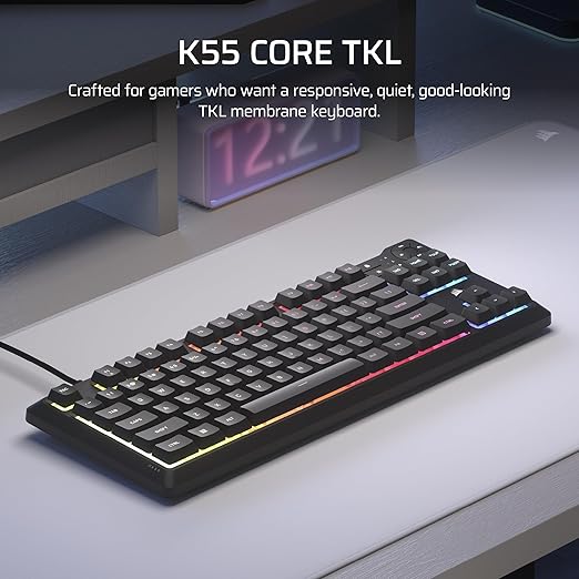 Corsair K55 CORE TKL RGB Gaming Keyboard – Tenkeyless, 8-Zone RGB, Quiet Membrane Keys, Spill Resistant, Media Keys, 1000Hz Polling – NA Layout – Black