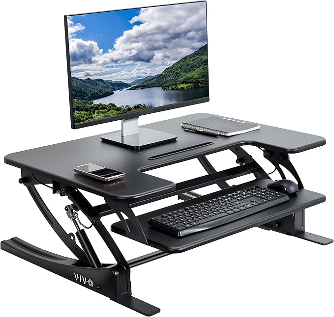 VIVO 32 inch Height Adjustable Stand Up Desk Converter, V Series, Quick Sit to Stand Tabletop Dual Monitor Riser Workstation, Black, DESK-V000VS