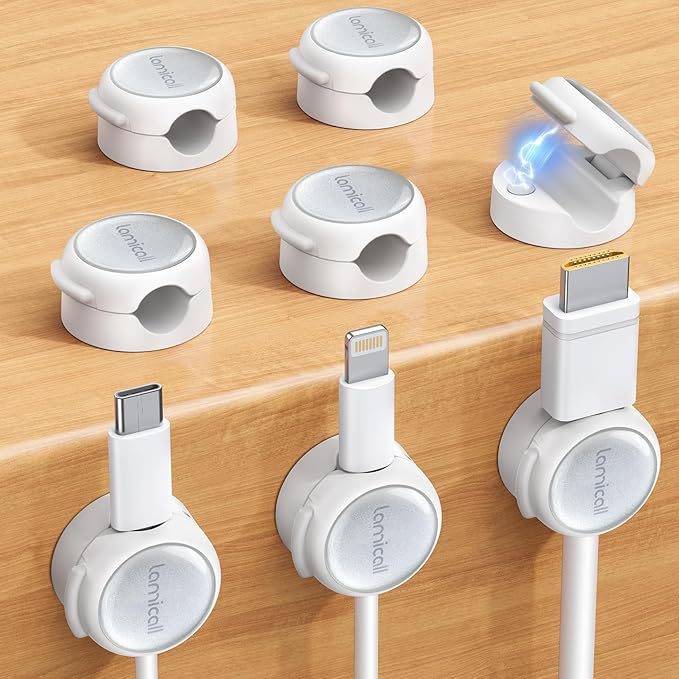 Magnetic Cable Clips Cord Organizer - Lamicall 8Pack [Crystal-Clear & Silver Shine] Cable Management for Phone Charging Cord, Strong Adhesive for Nightstand, Women Home Office Desk Decor Accessories