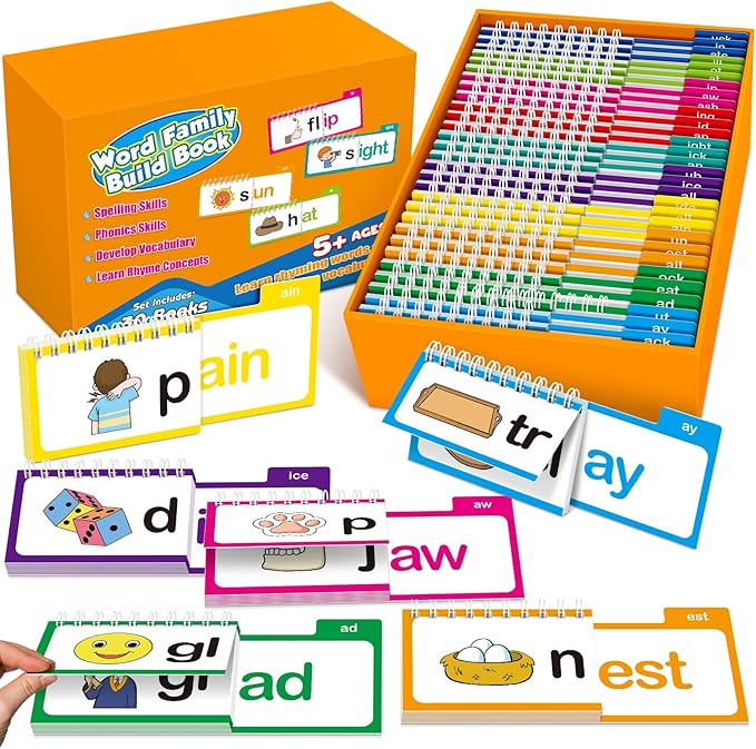 Phonics Flash Cards Word Family Build Book,Learn to Read 30 Read and Rhyme Flip Books,Sight Words Flash Cards Kindergarten Phonics Flip Books for Kids Classroom Homeschool Preschool Learning Activity