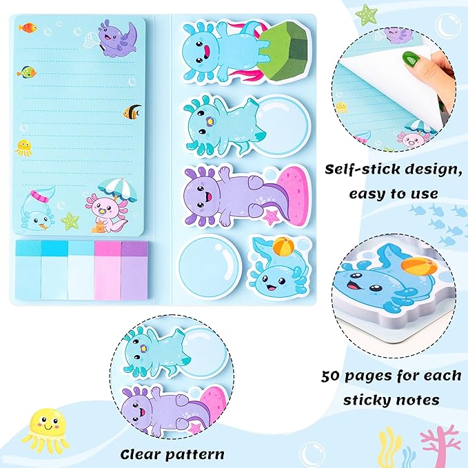 Xqumoi I Just Really Like Axolotl Sticky Notes Set, Animal Mexican Walking Fish Shaped Self-Stick Notes Pads Writing Memo Pad Page Marker Bookmarks Back to School Office Supplies Party Favors (Blue)