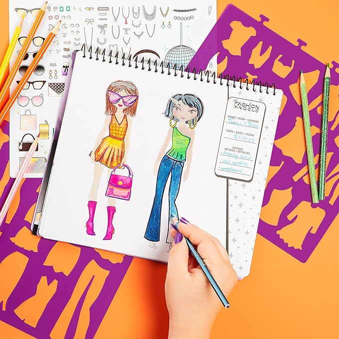 Fashion Angels Glam Fashion Sketch Set, Includes Sketch Pad with Stencils & Stickers, Fashion Design Sketch Book for Girls, Ideal Drawing Kit for Kids