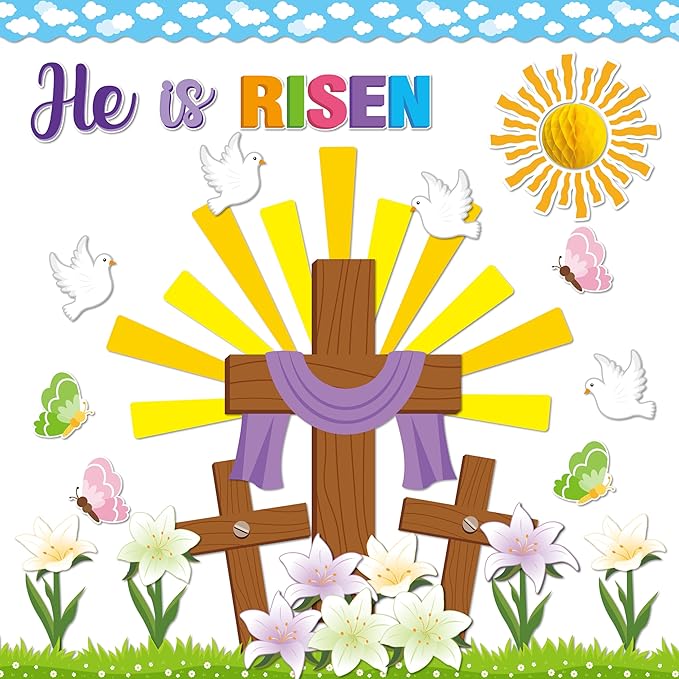 BeYumi 95Pcs Easter He is Risen Cross Bulletin Board Set Sun Honeycomb Jesus Resurrection Cross Lily Cutouts Trim Border Christian Religious Bible Sunday School Classroom Chalkboard Church Decoration