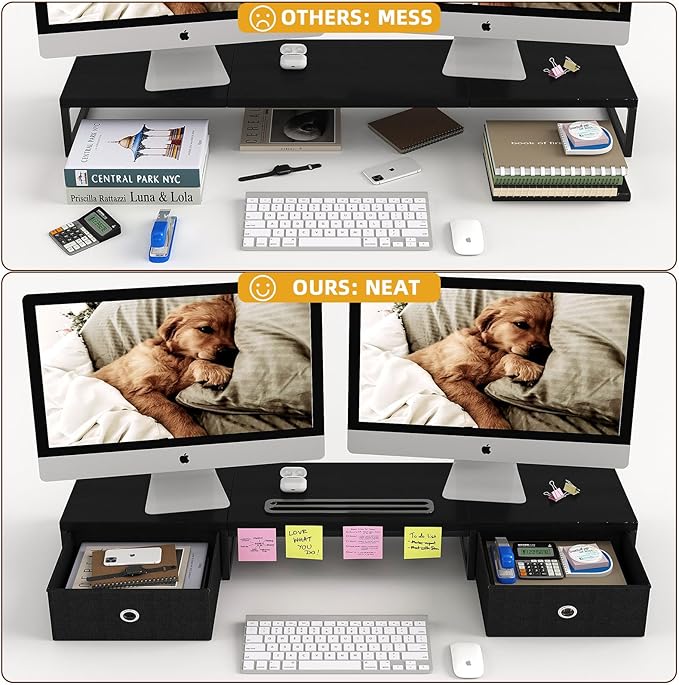 Mexin Dual Monitor Stand Riser with 2 Drawers - 39Inch Large Storage Computer Monitor Stands for 2 Monitors, Wooden Desktop Organizer Perfect for Home Office Desk, Computer, Laptop, TV, Black