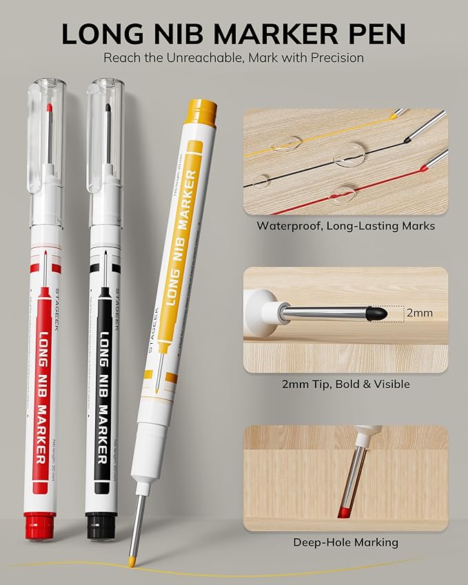 3PCS Carpenter Pencils with Sharpener, Heavy Duty Woodworking Tools, Mechanical Pencil Set with 39 Refills, Deep Hole Long Nib Marker Pens for Architect Marking with Case (Red, Black, Yellow)