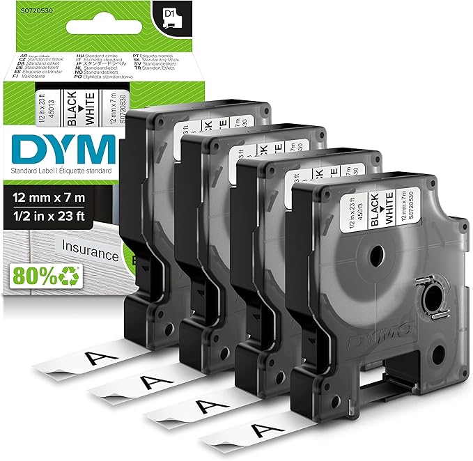 DYMO D1 Labels for LabelManager Label Makers, Black Print on White, 1/2-Inch x 23-Foot Rolls, Self-Adhesive, 4 Count
