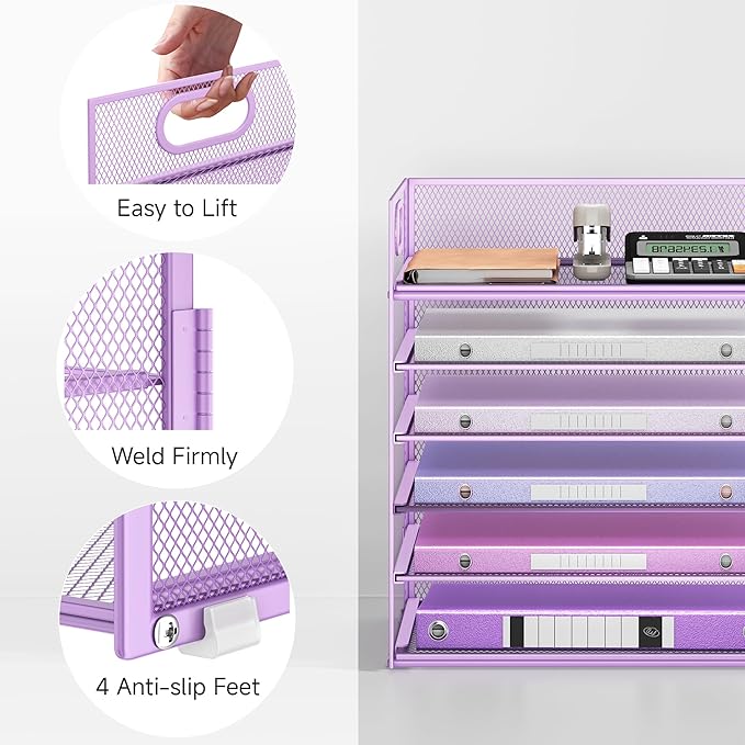 6 Tiers Letter Tray Paper Organizer with Handle, Mesh Desk File Organizer, Metal Desktop Document Shelf Organization, Paper Sorter Organizer for Office, Home or School File Folder Holder - Purple