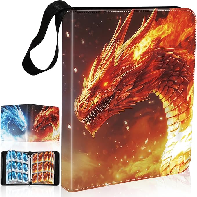 Fire & Ice Dragon 9 Pocket Trading Card Binder Album, Holds 900 Cards with 50 Removable Double-Sided Sleeves, Waterproof PU Leather Zipper Binder for TCG, MTG, Sports Cards