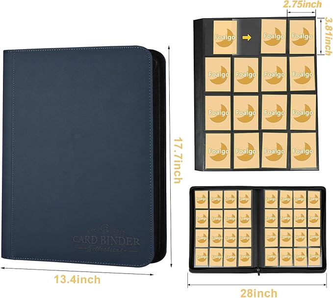 Trading Card Binder 16 Pocket, Foalgo PU Cover Card Binder for 1000+ Cards, Premium Trading Card Holder Folders, Double Sided Pocket Card Album for MTG, TCG (Blue)