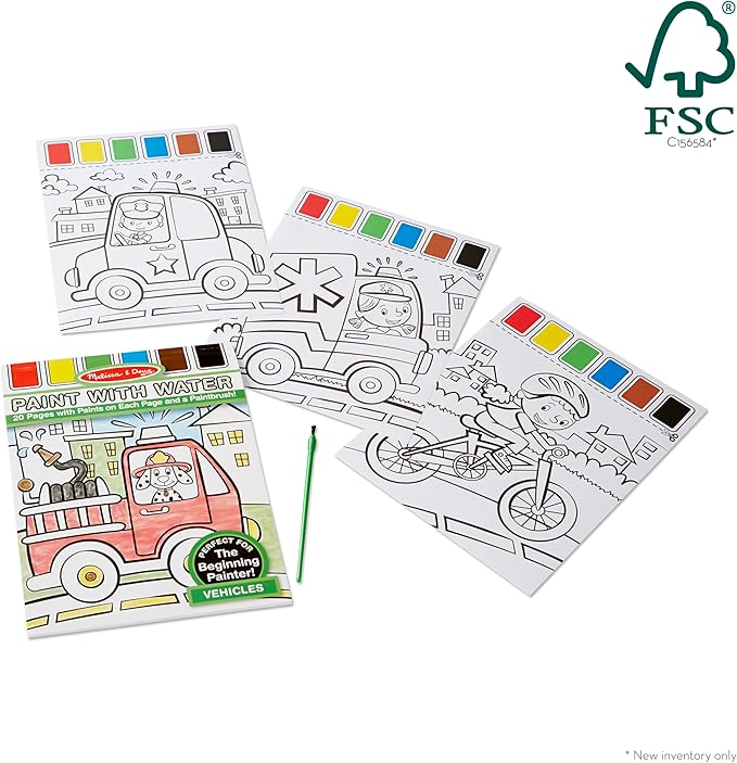 Melissa & Doug Paint With Water - Vehicles, 20 Perforated Pages With Spillproof Palettes