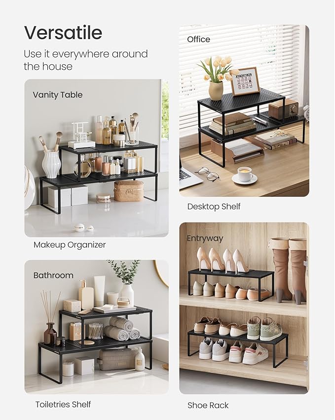 SONGMICS Spice Racks, Set of 2 Expandable Kitchen Countertop Shelves, Small Cupboard Organizers, Metal, Space-Saving Tabletop Shelves, Matte Black UKCS402B01