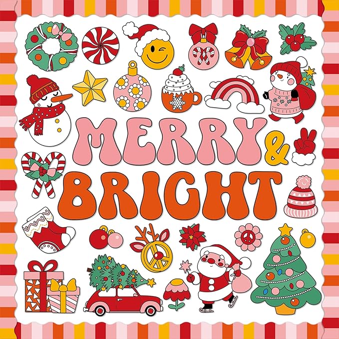 Groovy Christmas Bulletin Board Decoration Set Retro Merry Christmas Borders Cutouts for Xmas Holiday Party School Classroom Door Welcome Bulletin Board Craft Home Wall(Merry & Bright)