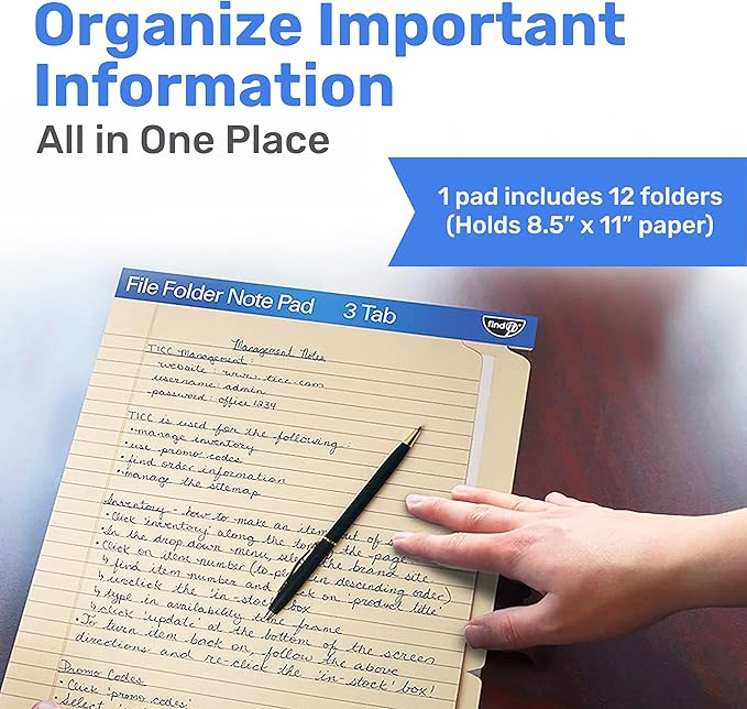 Find It File Folder Notepad - Pack of 12-9.5 x 12.5 Inch Notebook Organizer Folders for Filing, Document, and Clipboard Organization - Cream