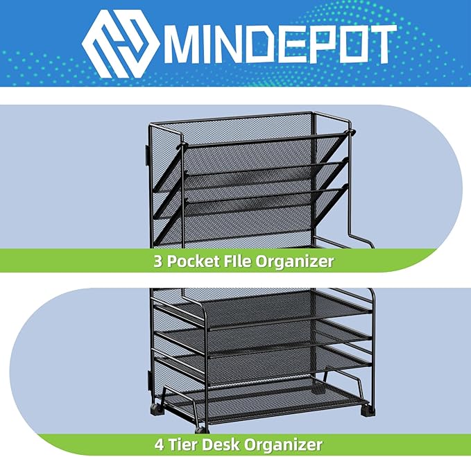 4-Tier Paper Organizer + 3-Pocket File Holder + Drawer + Pen Holders, Desktop File Organizers Paper Tray for Office Supplies School Classroom Organization (Black, No Drawer & Pen Holder)