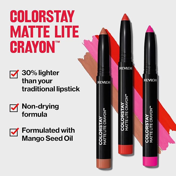 REVLON ColorStay Matte Lite Crayon Lipstick with Built-in Sharpener, Smudge-proof, Water-Resistant Non-Drying Lipcolor, 011 Lifted, 0.049 oz