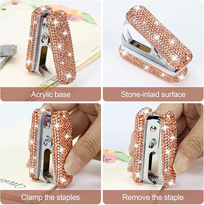 Multibey Rhinestone Staple Remover, Handmade Bling Crystal Gold Cute Staple Remover Tool for Desk, Dazzling Staples Puller Tool Mini Office Supplies & Desk Accessories for Women Office (2 Pcs)