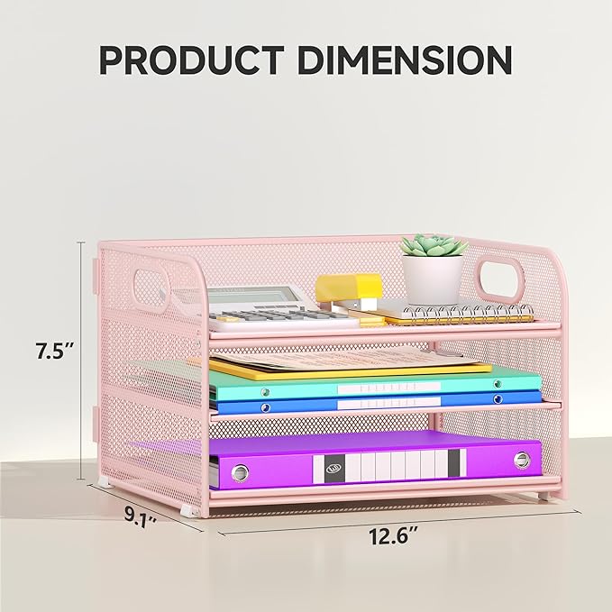 3 Tier Paper Organizer with Handle, Metal Desk Organizer Mesh Paper Letter Tray Desktop File Folder Document Sorter for Classroom, School, Office Accessories Organization and Storage - Pink