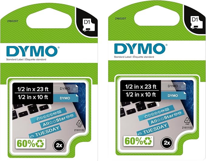 DYMO Authentic D1 Labels 1/2-Inch x 23-Foot Roll Black Print on White Self-Adhesive For LabelManager Label Makers 2-Pack