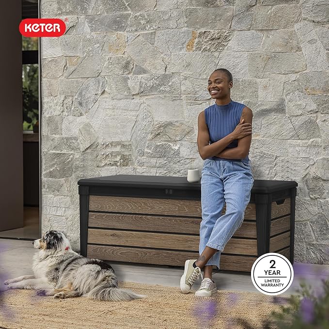 Keter Everwood 120 Gallon Resin Signature Collection Large Outdoor Storage Box for Patio Furniture, Outdoor Cushions, Garden Tools and Pool Gear, Walnut