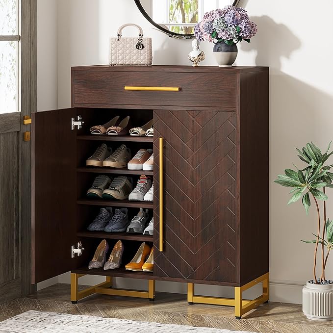 Tribesigns Shoe Cabinet with Doors, 20 Pairs Shoe Storage Cabinet with Drawer for Entryway, Modern Shoe Rack Organizer with Adjustable Shelves for Hallways Bedroom Living Room, Walnut & Gold