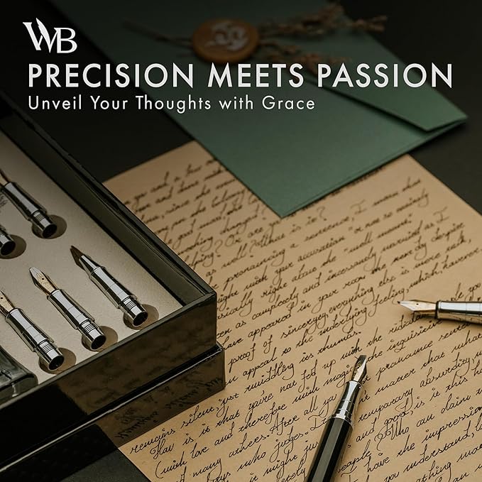 Wordsworth & Black Calligraphy Pen Gift Set, Includes Bottle, 6 Cartridges, Refill Converter, 6 Replacement Nibs, Premium Package, Journaling, Smooth Writing Pens [Green Chrome]
