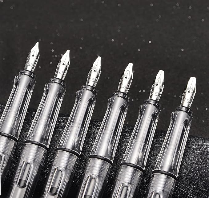 Lanxivi Yongsheng Calligraphy Fountain Pen Set Transparent Clear, 6 Assorted Tip Sizes for Art Drawing and Writing Signature