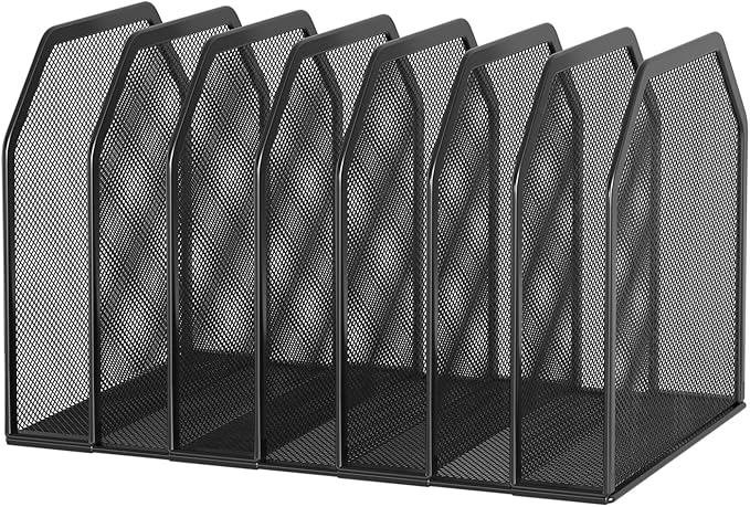 Metal 7-Section File Folder Organizer for Desk | Vertical Office File Holder | Heavy-Duty Mesh Document Sorter for Books, Binders, Laptops | Black Desk Organizer (12.8”x8.5”x7.9”)